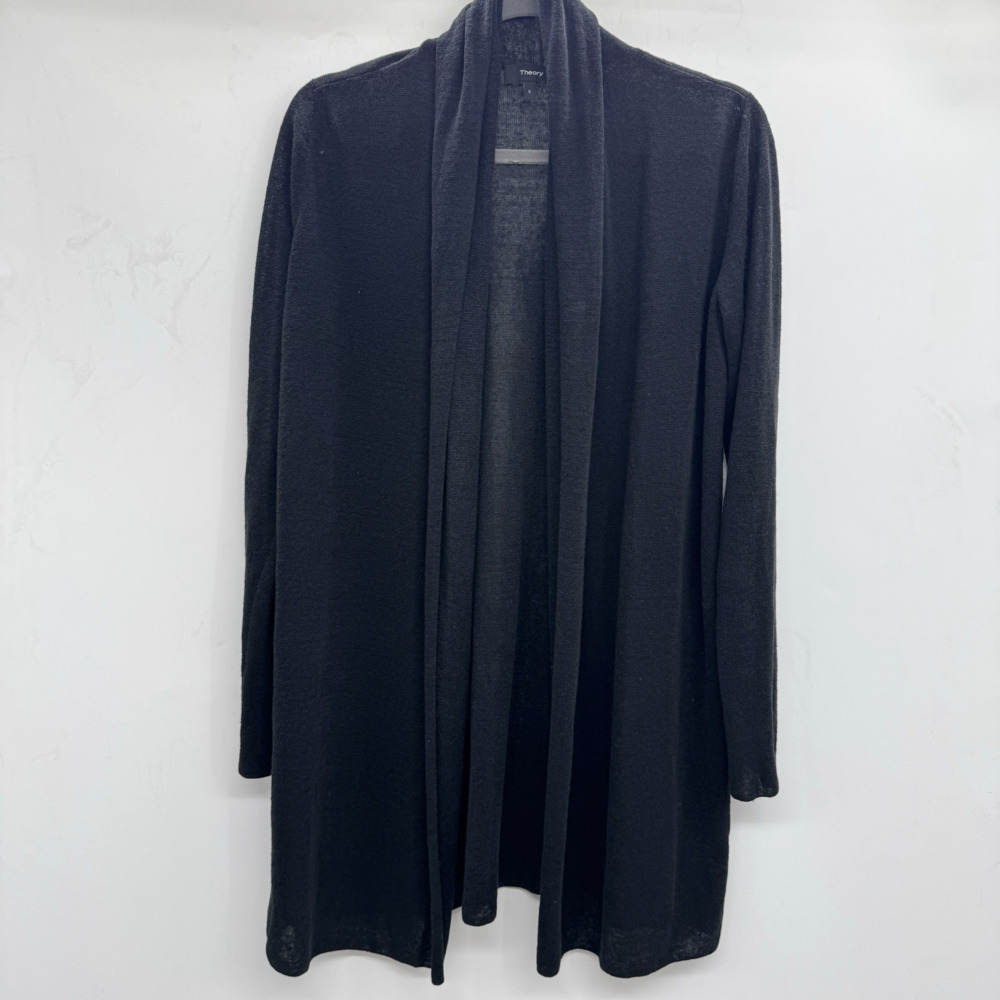 Theory Women's Linen Blend Open Front Longline Cardigan Sz S Black Layering